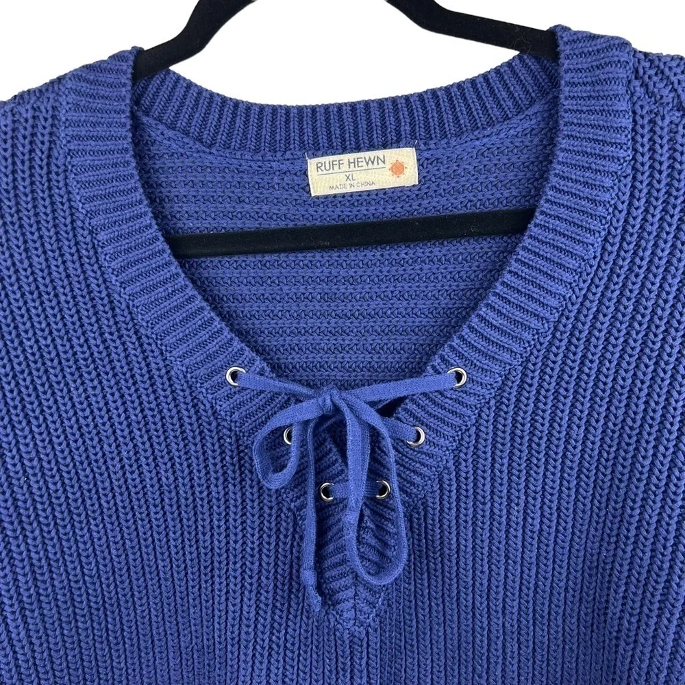 Y2K RUFF HEWN Chunky Ribbed Oversized Blue Sweater Size XL 1X V-Neck Pullover